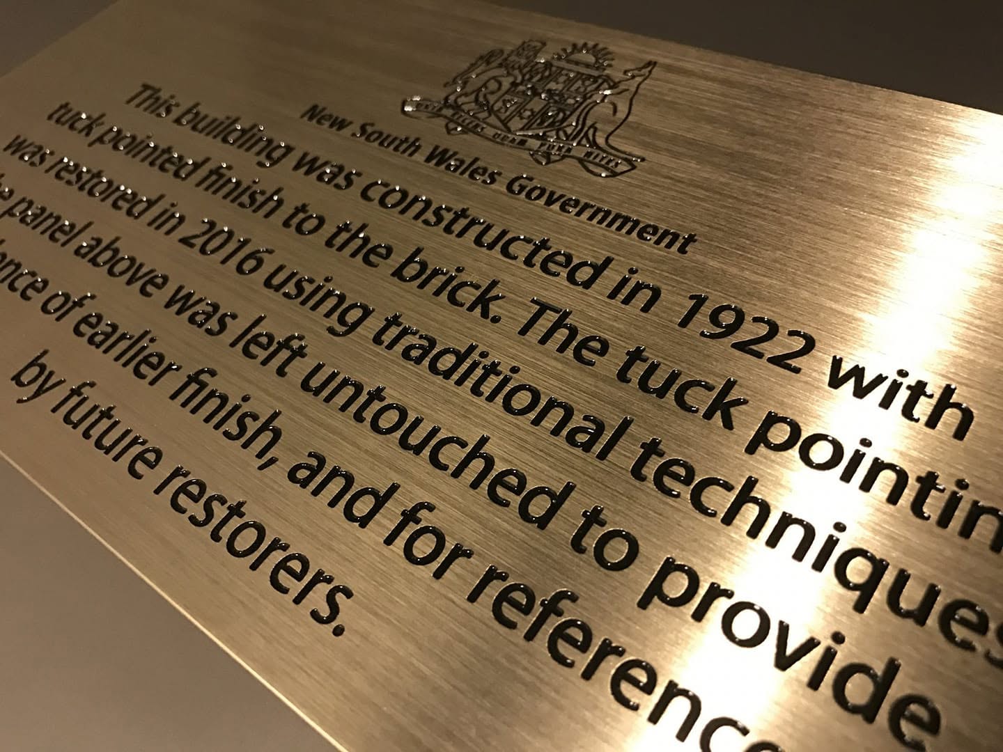 Engraved brass plaque for a NSW Government heritage restoration